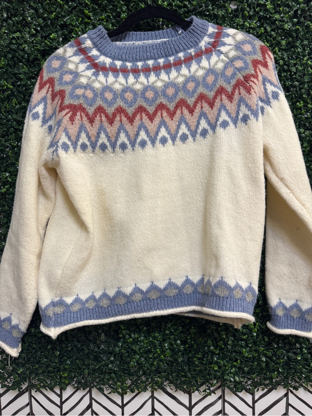 Cream Crewneck Sweater with Blue & Rust Accents